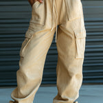 ElevenOra Chic Casual Beige Cotton Blend Drawstring Elastic Waist Multi-Pocket Cuffed Cargo Pants
