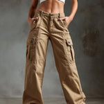 ElevenOra Chic Casual Camel Cotton Washed Multi-Pocket Loose-Fit Wide-Leg Cargo Pants
