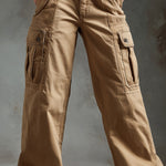 ElevenOra Chic Casual Camel Cotton Washed Multi-Pocket Loose-Fit Wide-Leg Cargo Pants