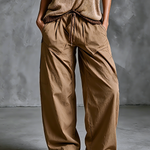 ElevenOra Chic Elegant Camel Waist Drawstring Patch Pocket  Loose-Fit Cotton Blend Wide-Leg Pants