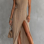 ElevenOra Chic Elegant Camel Stripes Patchwork Spaghetti Straps Square-Neck Side-Slit Detail Knit Maxi Dress