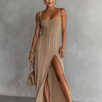 ElevenOra Chic Elegant Camel Stripes Patchwork Spaghetti Straps Square-Neck Side-Slit Detail Knit Maxi Dress
