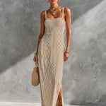 ElevenOra Chic Elegant Camel Stripes Cotton Blend Spaghetti Straps Square-Neck Side-Slit Detail Slim-Fit Maxi Dress