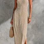 ElevenOra Chic Elegant Camel Stripes Cotton Blend Spaghetti Straps Square-Neck Side-Slit Detail Slim-Fit Maxi Dress