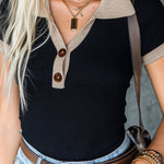 ElevenOra Chic Elegant Black-Camel Colorblock Button-Up Lapel-Collar Short-Sleeve Slim-Fit Rib Knit Sweater Top