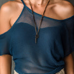 ElevenOra Chic Elegant Navy Blue Asymmetrical-Neck Cutout-Detail Short-Sleeve Regular-Fit Mesh Knit Sweater Top