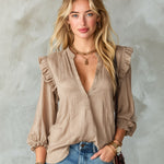 ElevenOra Chic Elegant Camel Cotton-Linen Blend V-Neck Ruffle Detail Lantern-Sleeve Loose-Fit Shirt