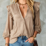 ElevenOra Chic Elegant Camel Cotton-Linen Blend V-Neck Ruffle Detail Lantern-Sleeve Loose-Fit Shirt