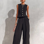 ElevenOra Chic Elegant Black Textured Cotton Blend Round-Neck Sleeveless Single-Breasted Loose-Fit Vest Wide-Leg Pants Two-Piece Set