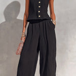 ElevenOra Chic Elegant Black Textured Cotton Blend Round-Neck Sleeveless Single-Breasted Loose-Fit Vest Wide-Leg Pants Two-Piece Set