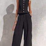 ElevenOra Chic Elegant Black Textured Cotton Blend Round-Neck Sleeveless Single-Breasted Loose-Fit Vest Wide-Leg Pants Two-Piece Set