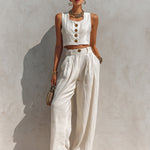 ElevenOra Chic Elegant White Pleated Cotton Blend Square-Neck Sleeveless Single-Breasted Cropped Vest Wide-Leg Pants Two-Piece Set