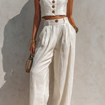 ElevenOra Chic Elegant White Pleated Cotton Blend Square-Neck Sleeveless Single-Breasted Cropped Vest Wide-Leg Pants Two-Piece Set
