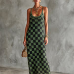 ElevenOra Chic Elegant Green-Black Checkerboard Pattern Spaghetti Straps U-Neck Sleeveless Slim-Fit Knit Maxi Dress