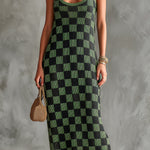 ElevenOra Chic Elegant Green-Black Checkerboard Pattern Spaghetti Straps U-Neck Sleeveless Slim-Fit Knit Maxi Dress