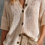 ElevenOra Chic Casual Cream Polo Collar Single-Breasted Drop Shoulder Short Sleeve Loose-Fit Mesh Knit Cardigan Top