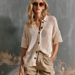 ElevenOra Chic Casual Cream Polo Collar Single-Breasted Drop Shoulder Short Sleeve Loose-Fit Mesh Knit Cardigan Top