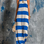 ElevenOra Chic Elegant Royal Blue-White Colorblock Halter-Neck Sleeveless Loose-Fit A-Line Knit Maxi Dress