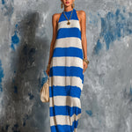 ElevenOra Chic Elegant Royal Blue-White Colorblock Halter-Neck Sleeveless Loose-Fit A-Line Knit Maxi Dress