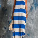 ElevenOra Chic Elegant Royal Blue-White Colorblock Halter-Neck Sleeveless Loose-Fit A-Line Knit Maxi Dress
