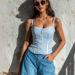 ElevenOra Chic Elegant Blue-White Stripes Spaghetti Straps Sweetheart Neck Button-Front Sleeveless Slim-Fit Cotton-Linen Blend Tank Top