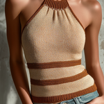 ElevenOra Chic Elegant Camel Halter Neck Contrast Trim Sleeveless Slim-Fit Knit Tank Top
