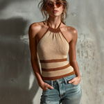 ElevenOra Chic Elegant Camel Halter Neck Contrast Trim Sleeveless Slim-Fit Knit Tank Top