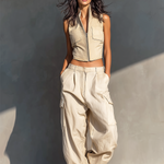 ElevenOra Chic Casual Off-White Cotton-Linen Blend Stand Collar Zipper-Up Patch Pockets Sleeveless Slim-Fit Vest Top Cargo Wide-Leg Pants Two-Piece Set
