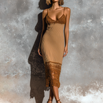 ElevenOra Chic Elegant Camel Spaghetti Straps V-Neck Lace Hem Sleeveless Slim-Fit Ribbed Knit Mini Dress