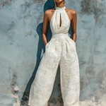 ElevenOra Chic Elegant White Halter Neck Geometric Line Print  Keyhole Cutout Sleeveless Tailored-Waist Cotton Blend Wide-Leg Jumpsuit