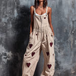 ElevenOra Chic Elegant Beige Adjustable Buckle Straps Heart Embroidery Zipper-Up Patch Pockets Tailored-Waist Loose-Fit Cotton Blend Wide-Leg Jumpsuit