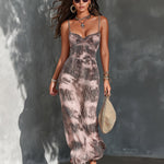 ElevenOra Chic Elegant Pink-Gray Tie-Dye Print Pleated Spaghetti Straps V-Neck Sleeveless Slim-Fit Maxi Dress