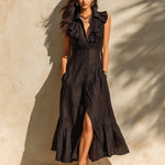 ElevenOra Chic Elegant Black Cotton-Linen Blend Lapel Single-Breasted Sleeveless Ruffled Detail Tailored-Waist Maxi Dress