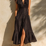 ElevenOra Chic Elegant Black Cotton-Linen Blend Lapel Single-Breasted Sleeveless Ruffled Detail Tailored-Waist Maxi Dress