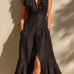 ElevenOra Chic Elegant Black Cotton-Linen Blend Lapel Single-Breasted Sleeveless Ruffled Detail Tailored-Waist Maxi Dress