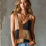 ElevenOra Chic Elegant Brown-Camel-Black Colorblock U-Neck Sleeveless Loose-Fit Knit Vest Top