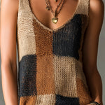 ElevenOra Chic Elegant Brown-Camel-Black Colorblock U-Neck Sleeveless Loose-Fit Knit Vest Top