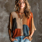ElevenOra Chic Elegant Multi-Color Patchwork Round-Neck Dropped Shoulder Half-Sleeve Loose-Fit Knit Sweater Top