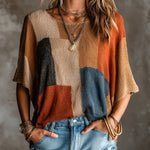 ElevenOra Chic Elegant Multi-Color Patchwork Round-Neck Dropped Shoulder Half-Sleeve Loose-Fit Knit Sweater Top