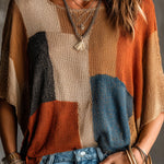 ElevenOra Chic Elegant Multi-Color Patchwork Round-Neck Dropped Shoulder Half-Sleeve Loose-Fit Knit Sweater Top