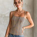 ElevenOra Chic Elegant Camel-Black Pinstripes Spaghetti Straps Square-Neck Slim-Fit Knit Camisole
