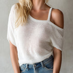 ElevenOra Chic Elegant Cream White Asymmetrical-Neck Shoulder-Strap Short-Sleeve Slim-Fit Mesh Knit Sweater Top