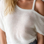ElevenOra Chic Elegant Cream White Asymmetrical-Neck Shoulder-Strap Short-Sleeve Slim-Fit Mesh Knit Sweater Top