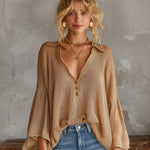 ElevenOra Chic Elegant Camel Button-Up V-Neck Dropped Shoulder Long-Flared-Sleeve Loose-Fit Mesh Knit Sweater Top