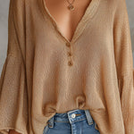 ElevenOra Chic Elegant Camel Button-Up V-Neck Dropped Shoulder Long-Flared-Sleeve Loose-Fit Mesh Knit Sweater Top