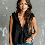 ElevenOra Chic Elegant Black Zipper-Up Hooded Collar Sleeveless Loose-Fit Ribbed Knit Vest Top