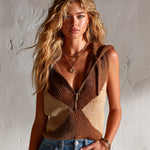 ElevenOra Chic Elegant Brown-Camel Colorblock Zipper-Up Hooded Collar Sleeveless Loose-Fit Ribbed Knit Vest Top