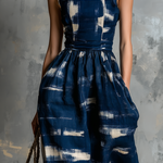 ElevenOra Chic Elegant Navy Blue Cotton Linen Blend  Wide Straps Square-Neck Abstract Print Sleeveless Tailored-Waist Loose-Fit Wide-Leg Cropped Jumpsuit