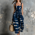 ElevenOra Chic Elegant Navy Blue Cotton Linen Blend  Wide Straps Square-Neck Abstract Print Sleeveless Tailored-Waist Loose-Fit Wide-Leg Cropped Jumpsuit