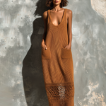 ElevenOra Chic Elegant Caramel U-Neck Patch Pockets Sleeveless Hollow-Out Hem Knit Maxi Dress